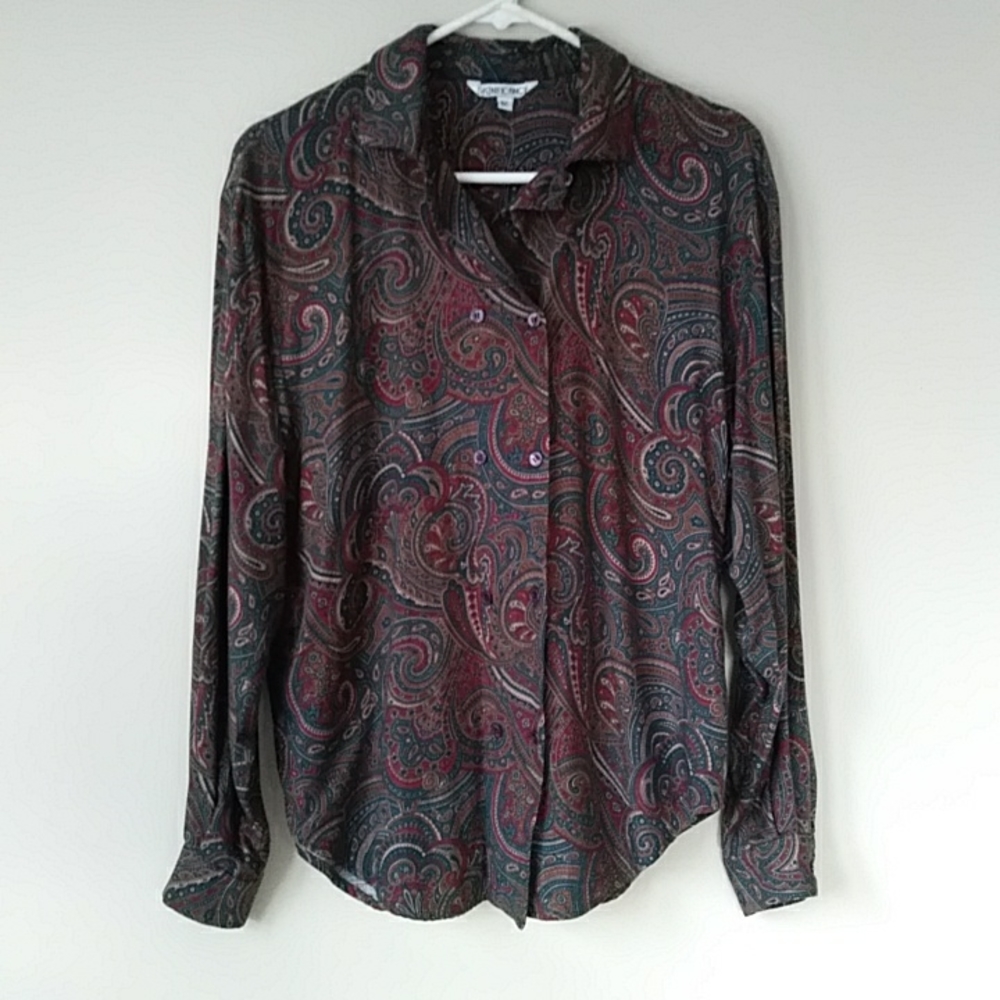 Vintage Significance Paisley Print Double Button Blouse 12 Green Red